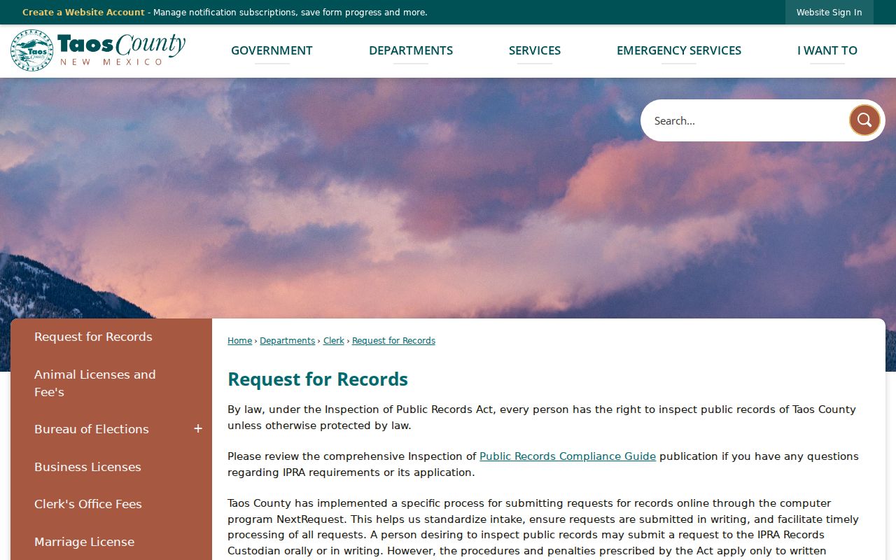 Taos County IPRA instructions for a warrant record request